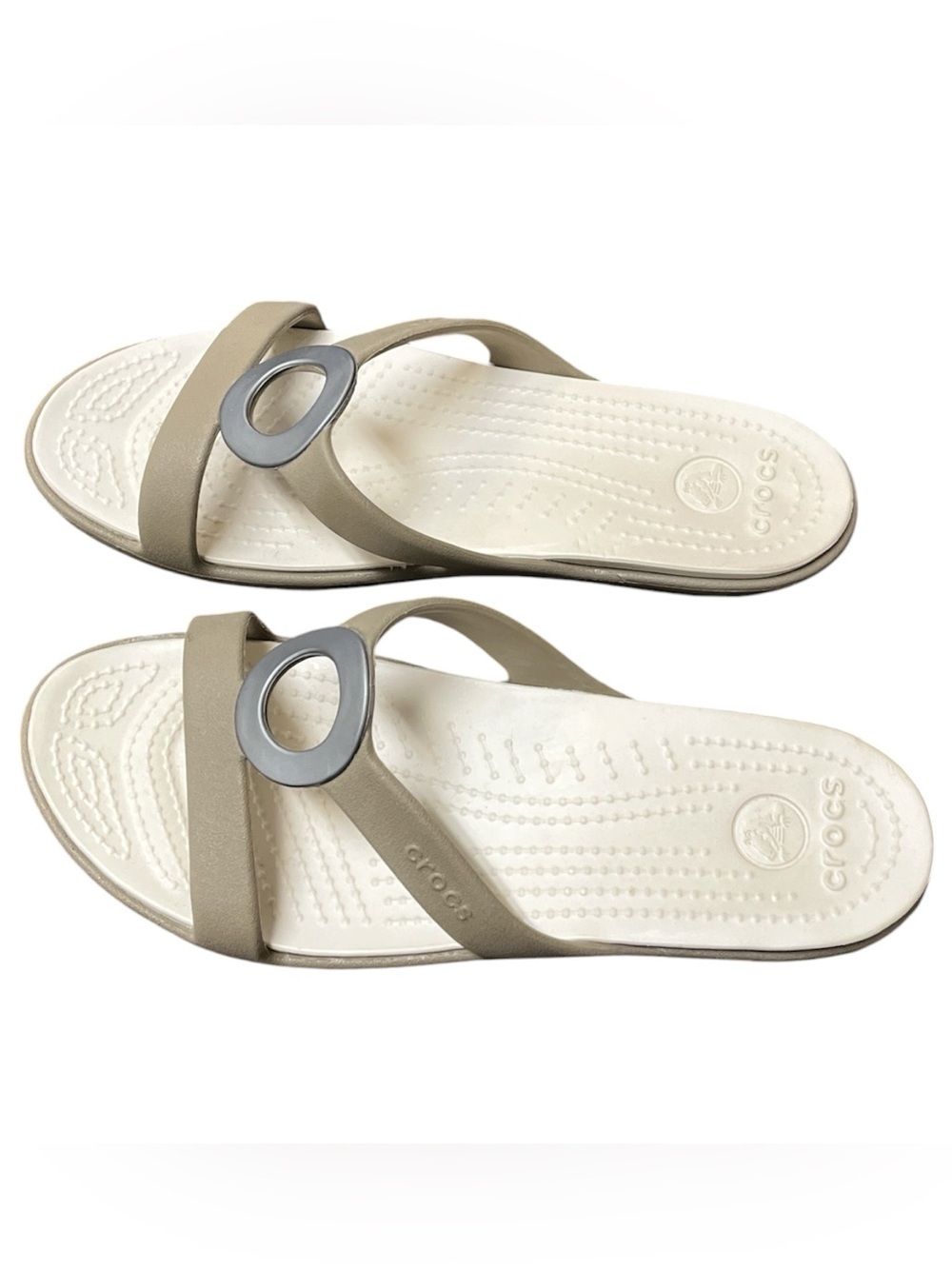 CROCS Women's SANRAH Slide Sandals with Silver Ring/Round Circle. Khaki color